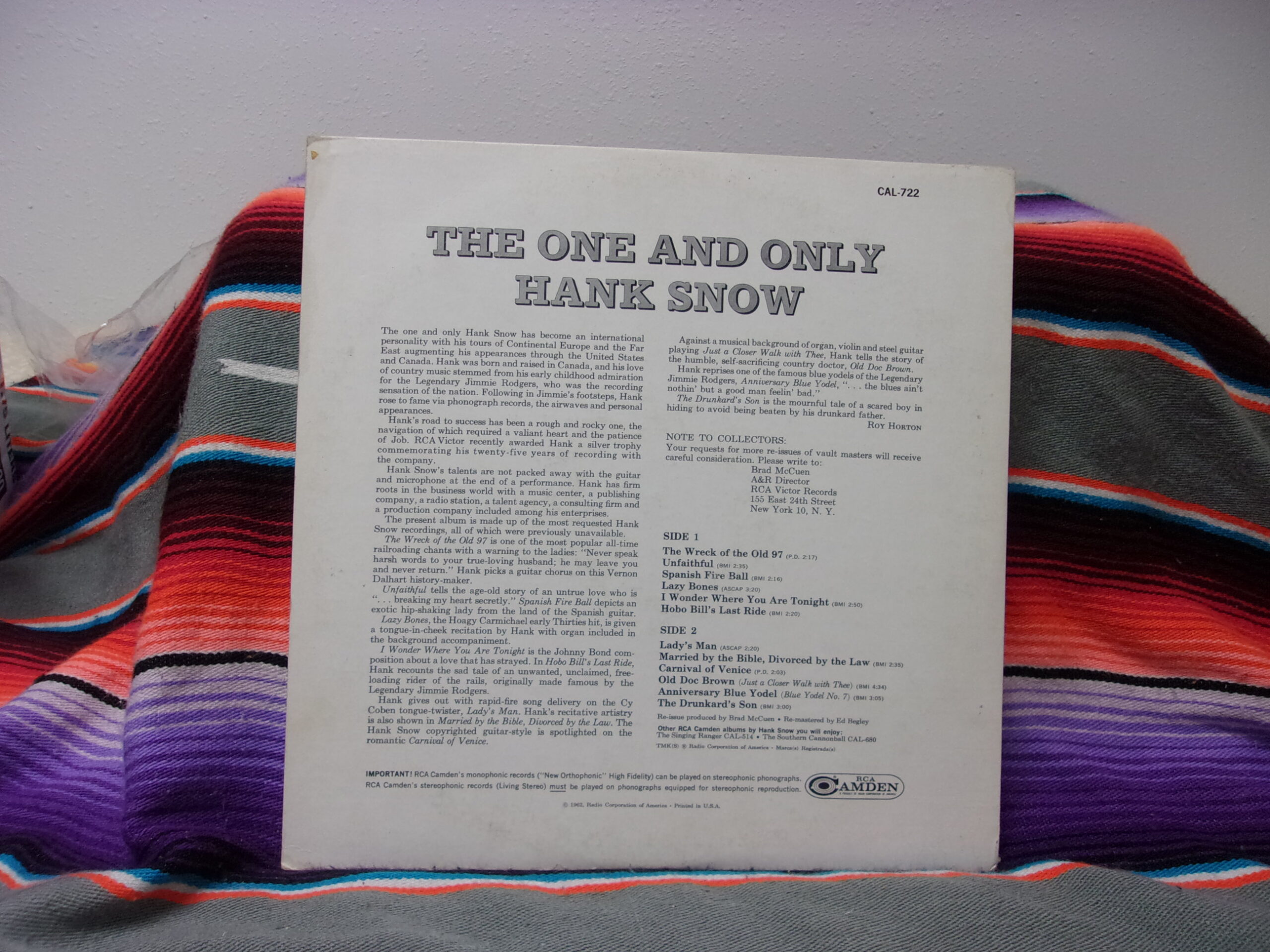 Hank Snow The One And Only Hank Snow 1962 Camden Records LP Vinyl - Image 2