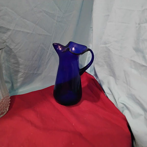 Cobalt Blue Glass Pitcher Vase Ruffled Rim Applied Handle