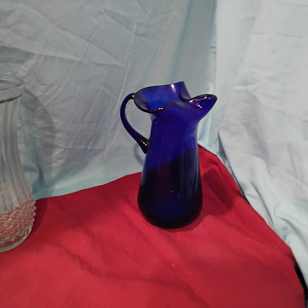 Cobalt Blue Glass Pitcher Vase Ruffled Rim Applied Handle
