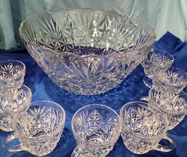 Crystal Cut Glass Punch Bowl Set 12 Cups Starburst Pattern