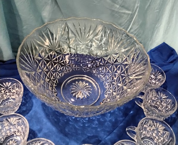 Crystal Cut Glass Punch Bowl Set 12 Cups Starburst Pattern