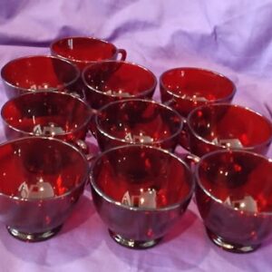 Ruby Red Glass Footed Teacup Set of 10 Vintage
