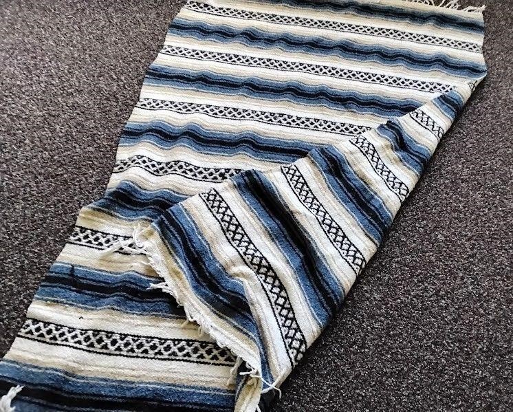 Mexican Falsa Blanket Blue White Black Stripes