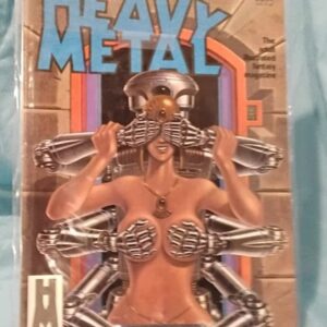 Front cover of Heavy Metal adult illustrated fantasy magazine from October 1981, featuring a sci-fi illustration of a robot behind a woman.