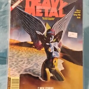 Front cover of Heavy Metal adult illustrated fantasy magazine from Spring 1986, featuring a winged woman on a beach and a banner reading MOEBIUS IS BACK!