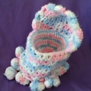 Vintage Handmade Crochet Doll Cradle Bed – Pastel Pink, Blue, & White